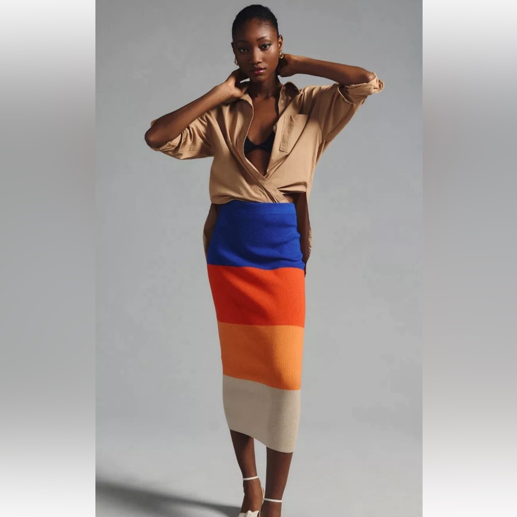 Nwt Anthropologie Kule Skirt Midi Colorblock Knit Celeste Preppy Wool Blend Xs